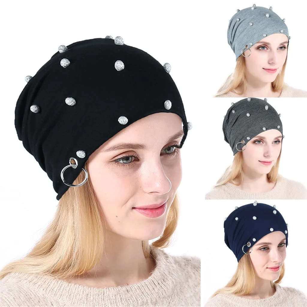 

Knitted wool cap unisex Casual women winter hats Soild India Rhinestone Iron Turban Hat knitt Hair Loss Head Scarf Wrap Y711