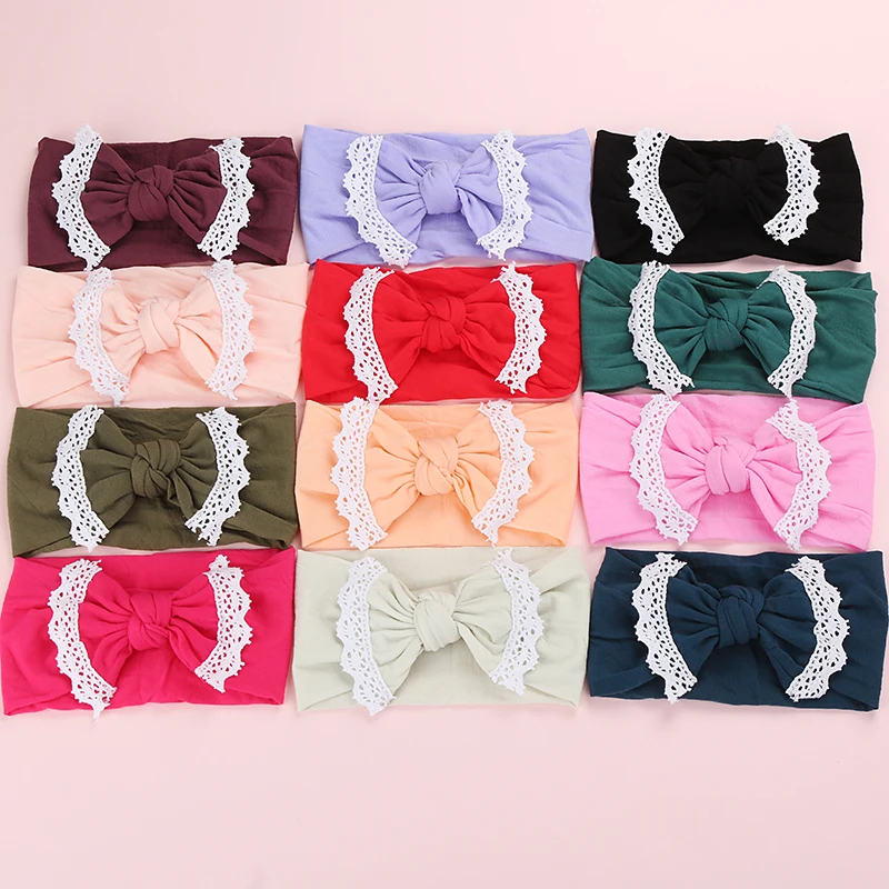 

1pcs High Quality Girls Lace Trim Nylon Hair Bands,Baby Girls Wide Bows Headbands,Princess Knot Bows Turban Head Wraps All Baby