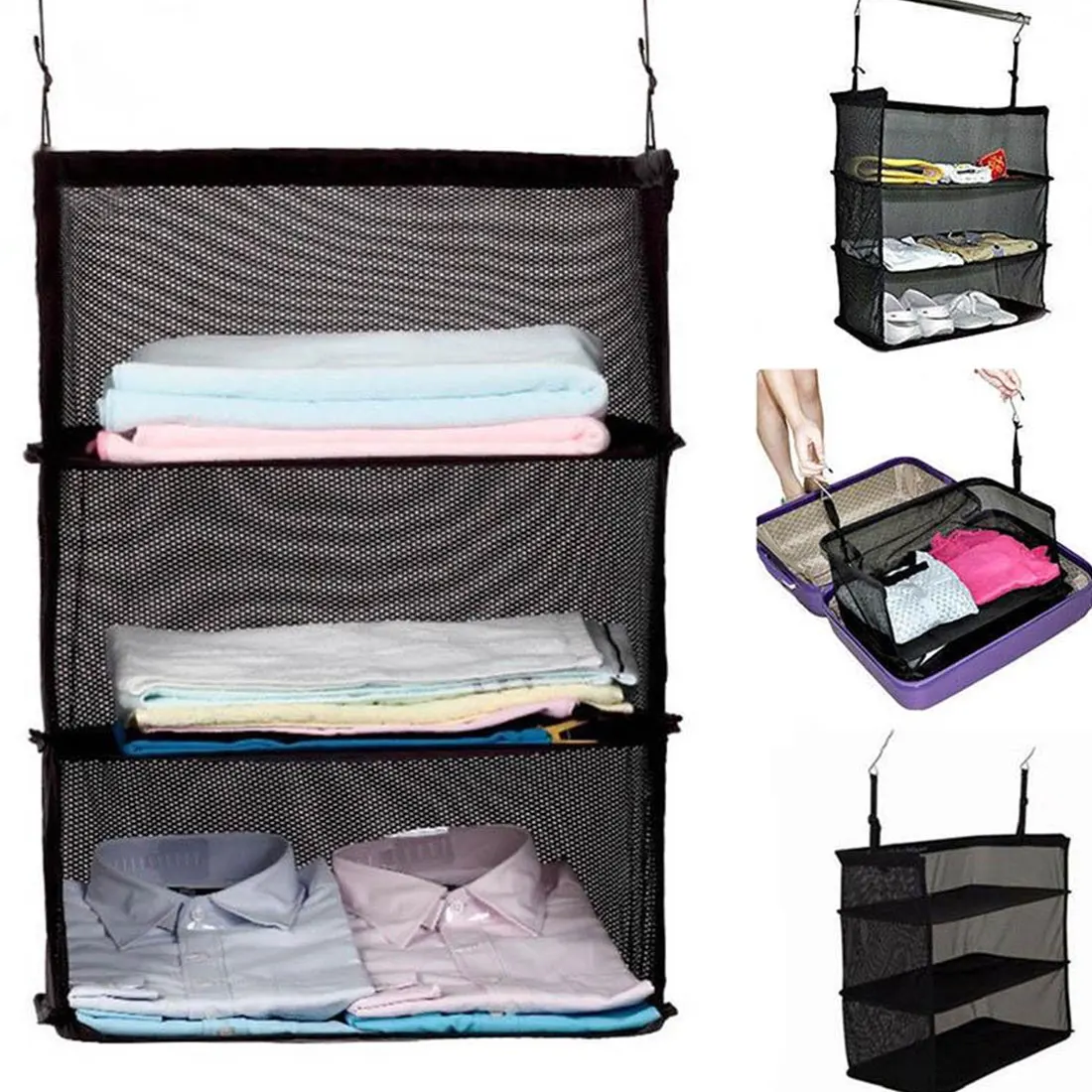 

Black 3 Layers Travel Wardrobe Bag Suitcase Shelves Trave Storage Bag Storage Bag Hanging Hooks