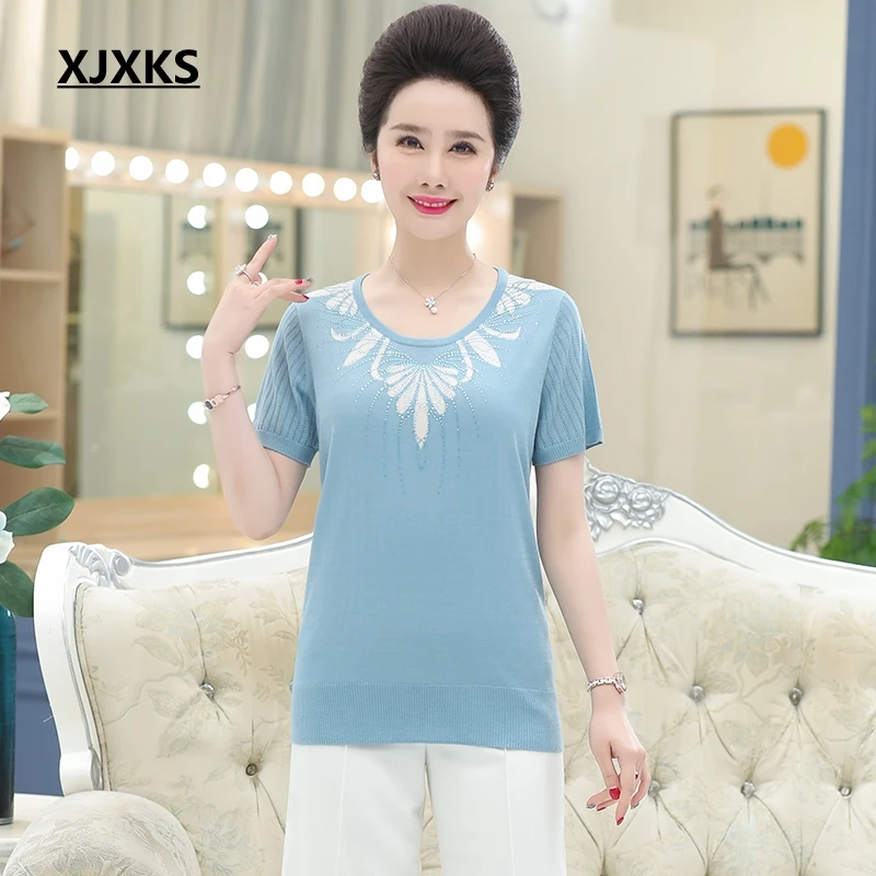 XJXKS Летний Топ Новая повседневная женская футболка Camisas Mujer размера плюс среднего возраста короткий рукав тонкая футболка Женские топы - Цвет: Синий