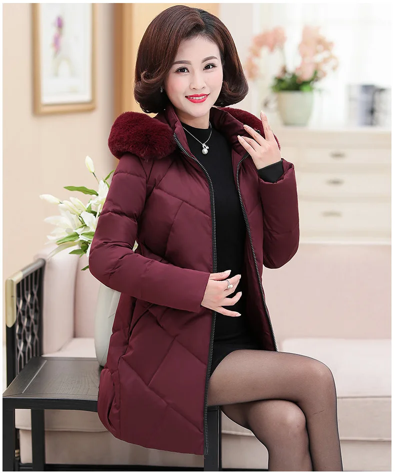 Long Sleeve New Women Medium-Long Parkas Mother Winter Hooded Soft Fur Collar Plus Size 5XL Slim Padded Winter Coats CQ2284