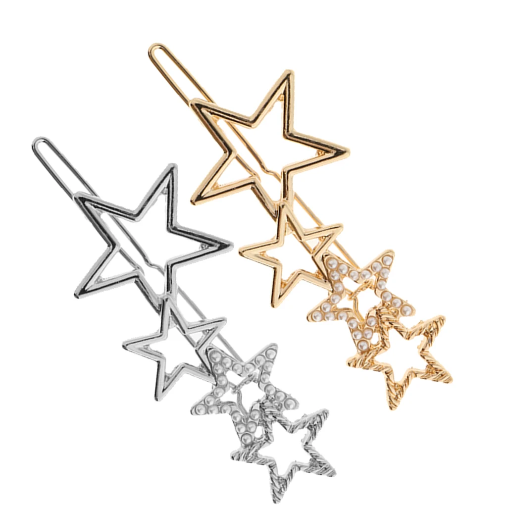 Women Girls Retro Alloy Hair Clip Star Shape Pearls Slide Hairclip Hair Pin Party