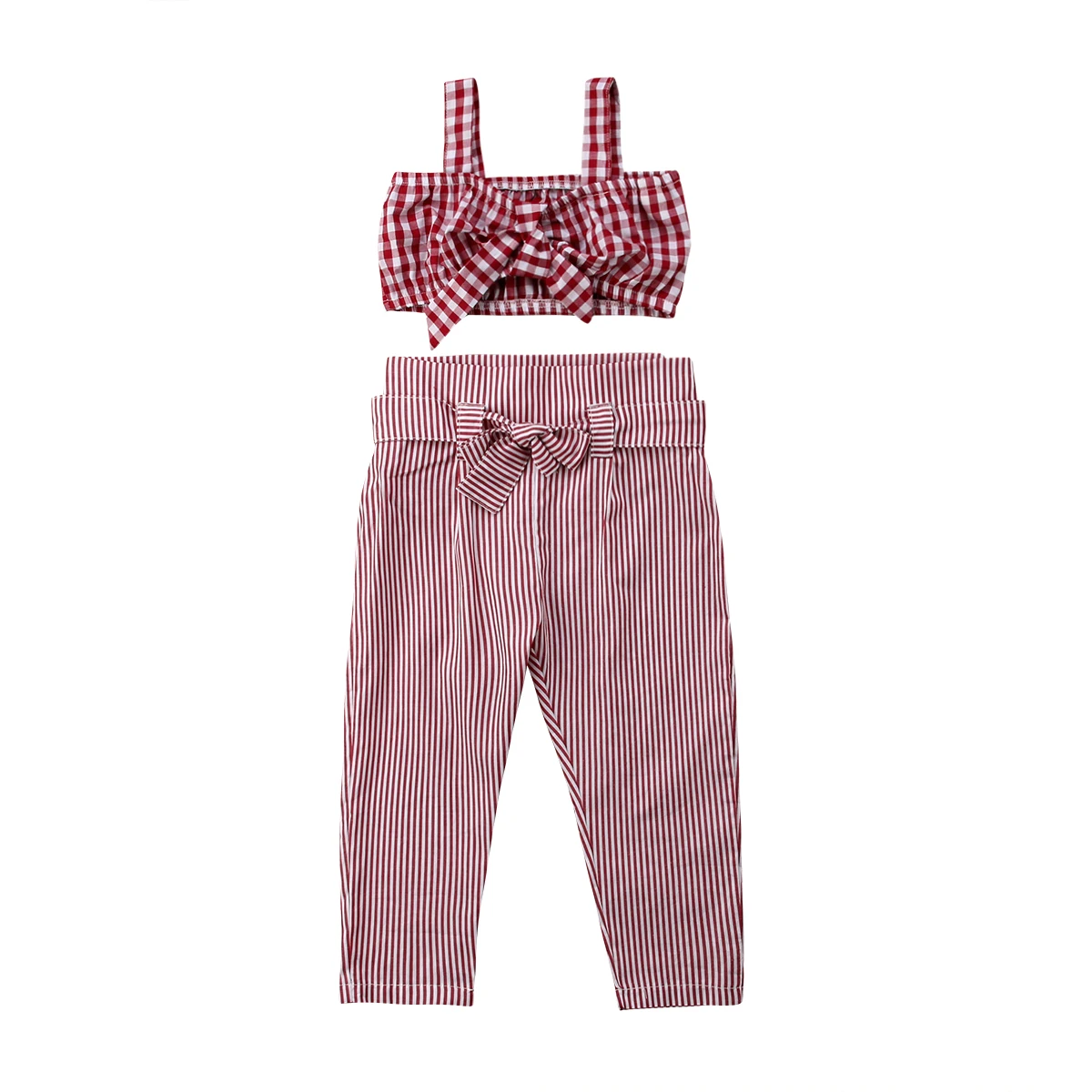 

Baby Girl Clothes 2pcs Summer Kids Baby Girl 2018 Sleeveless Bow Plaid Crop Top Vest+Striped Pants Outfits Set