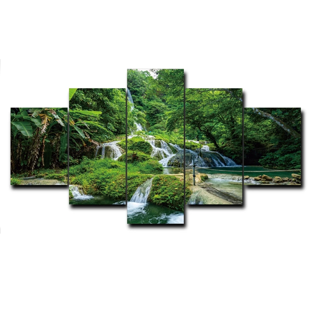 

Laeacco Canvas Calligraphy Painting 5 Panel Forest Waterfall Posters and Prints Wall Art Living Room Home Decoration Pictures