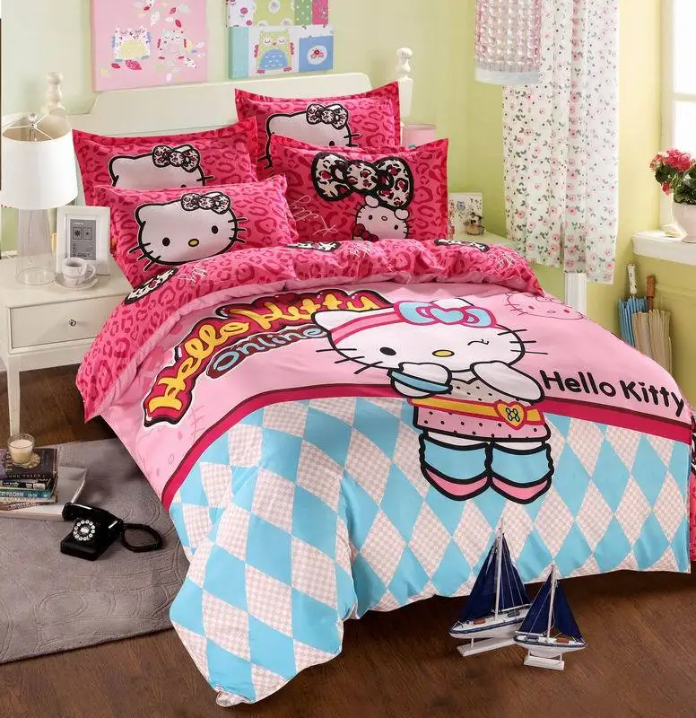 

Home Textile Hello Kitty Pattern Bedding Set Kids Cotton Bed Linens 4pcs Bed Sheet Pillowcase Duvet Cover Set Hot Sale