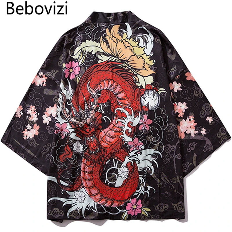 

Bebovizi Japan Style Anime Dragon Printed Black Thin Kimono Men Japanese Streetwear Oversize Losse Jackets Casual Outerwear