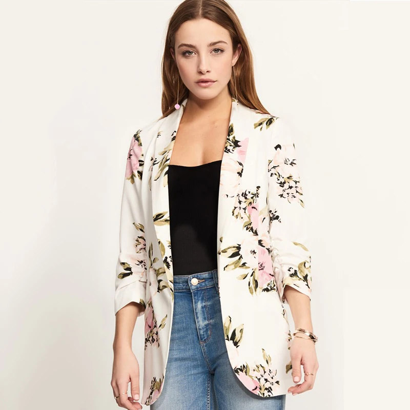 Women Flower Printed Long Sleeve Blazer Coat Casual Style Slim Fashion White Office Ladies Clothes Autumn Female Blazer L097