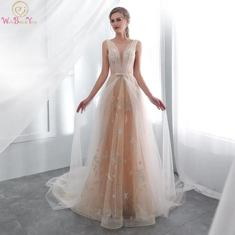 

Champagne Floral Print Prom Dresses Long Women A Line Scoop Elegant Tull Simple Beaded Sleeveless Formal Evening Party Gowns