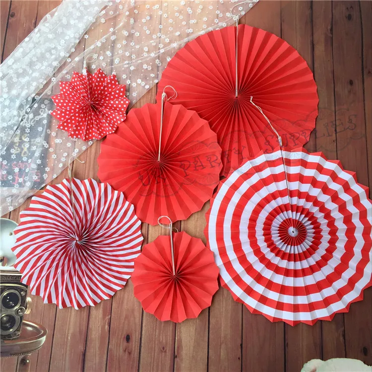 

1 Set (6cs) Red Paper Fans Paper Rosettes for Baby Shower Wedding Backdrop Smash Cake Photo Prop Christmas New Year Decorations