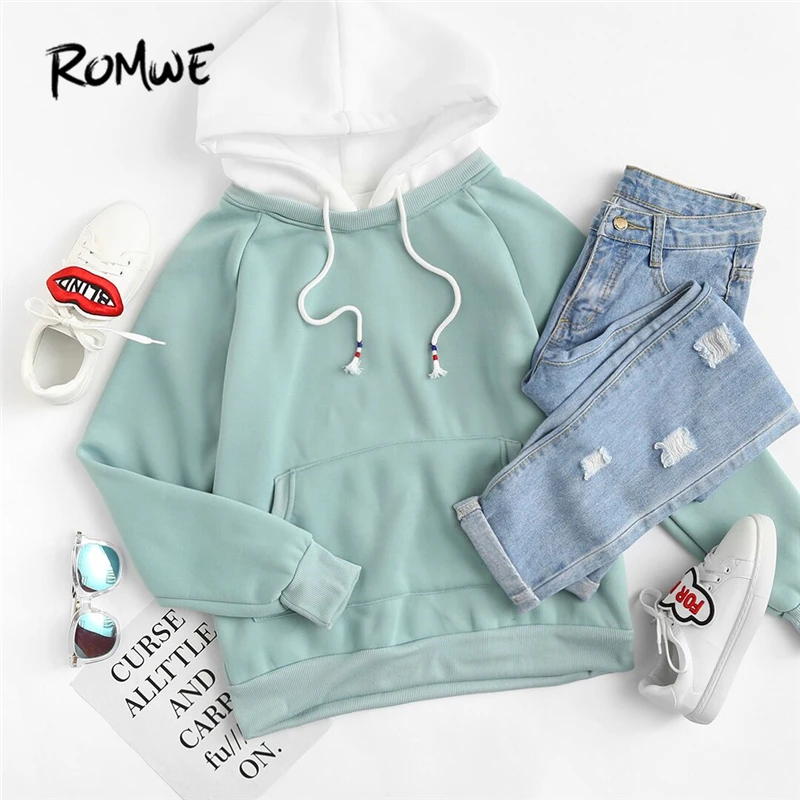  ROMWE Pale Green Patchwork Hoodie Women Raglan Long Sleeve Cute Contrast Hooded Sweatshirt Fall Poc