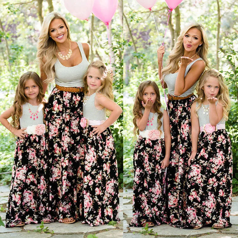 Family Matching Clothes Women Girls Mother and Daughter Floral Dresses Outfits