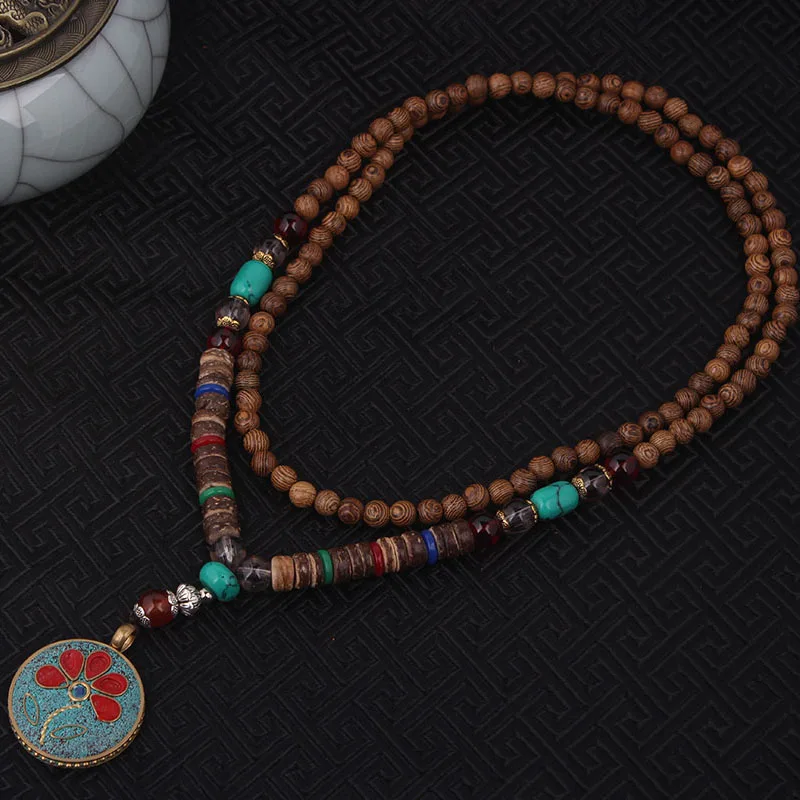 Модное этническое ожерелье с эмаллом, натуральное дерево, винтажные пластинчатые ювелирные изделия в непальском стиле, винтажное ожерелье с бусинами sanwood bodhi ручной работы