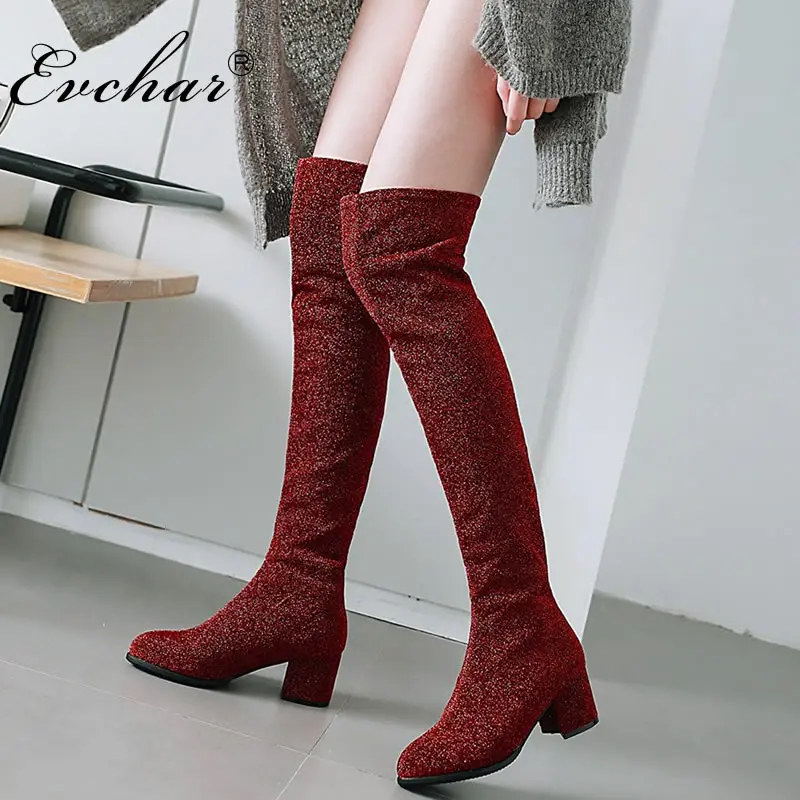 

EVCHAR NEw Over The Knee Boots Square Med Heel Women Boots Sexy Ladies Lace Up long Fashion short plush Boots large size 32-43