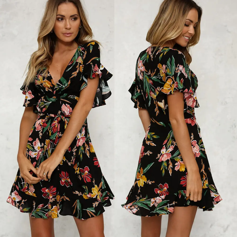 

Women Boho Dress Evening Party Dress V-neck Short Sleeve Chiffon Dress Summer Beach Floral Dresses Sexy