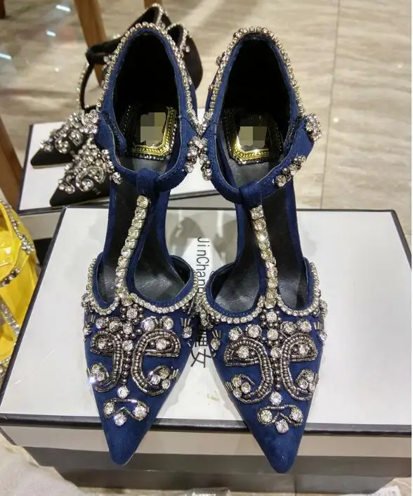 Роскошные женские вечерние туфли в дворцовом стиле с бусинами и стразами; модельные туфли на высоком каблуке с Т-образным ремешком, Украшенные бусинами; цвет желтый, черный, синий - Цвет: Королевский синий