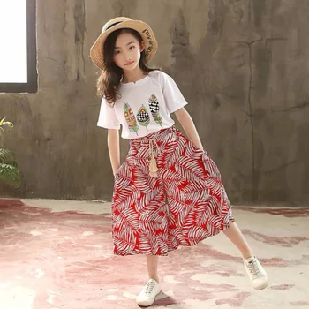 

Summer Baby Girl Dress Print Short Sleeve Girl T-shirt + Wide Leg Casual Long Pants Children Sets