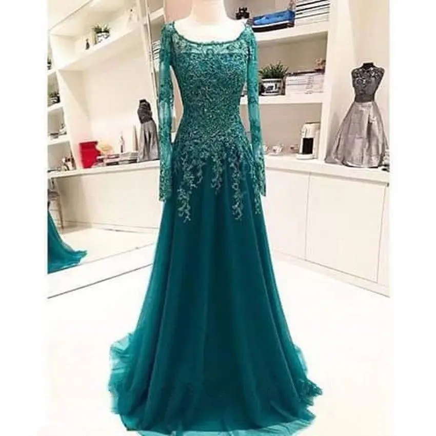 

Long Sleeve Green Tulle Appliques Formal Evening Dress Cocktail Prom Gown Custom