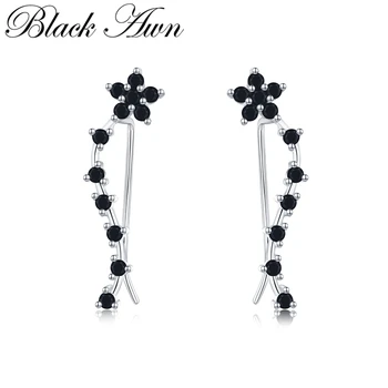 Romancit 925 Sterling Silver Jewelry Engagement Flower Drop Earrings For Women Black Spinel Female Earring Gift I036