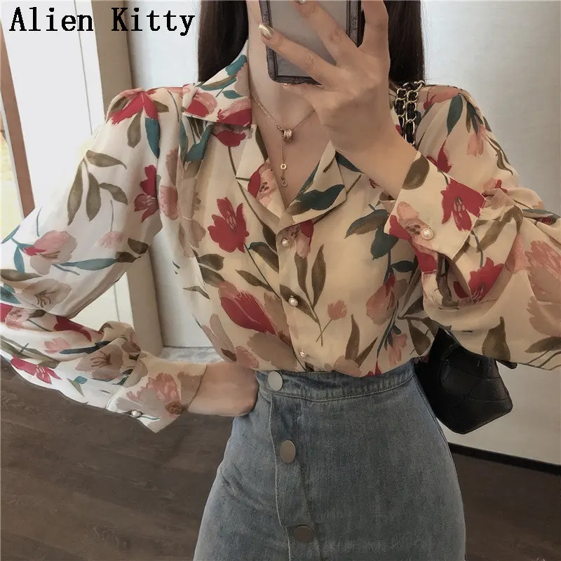 Tanie Alien Kitty Vintage luźny prosty stylowy nowy druk świeży 2019 lato cały mecz eleganckie koszule jednorzędowe na co dzień 2 kolory