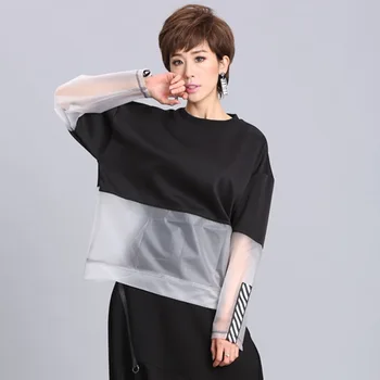 

Putin. Rider2018 spring and summer new tide brand transparent splicing round collar loose long sleeve ladies T-shirt sweater