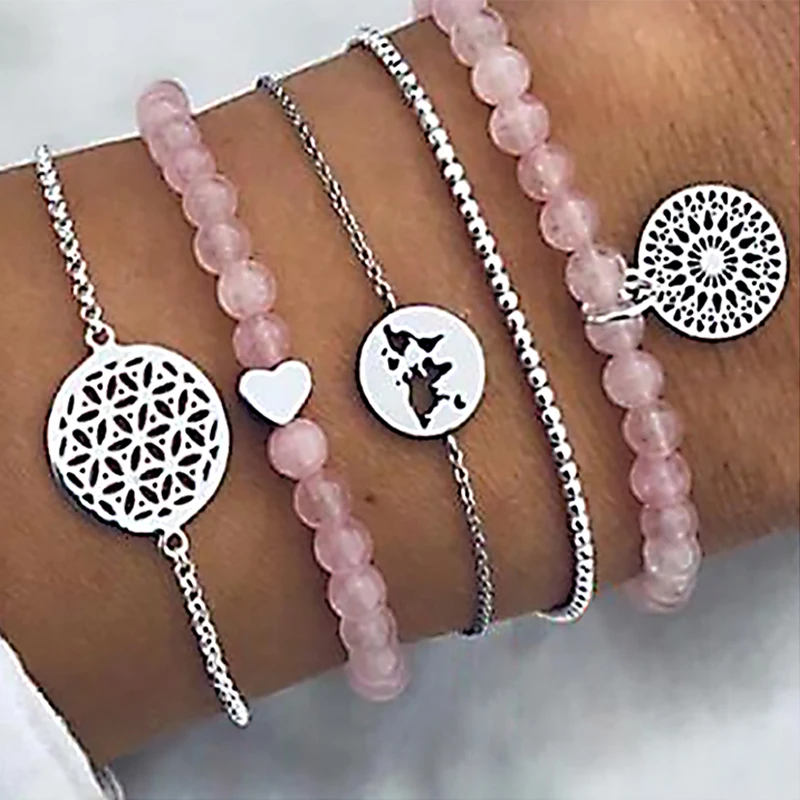 

5 Pcs/ Set Bohemian Pink Beads Heart Dream Catcher Map Chain Pendant Multilayer Silver Bracelet Set Female Fashion Birthday Gift