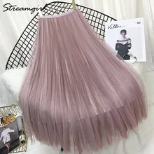 Длинная розовая плиссированная юбка Streamgirl, Черная Женская фатиновая юбка, женские длинные юбки для женщин, сетчатая серая юбка, плиссированная летняя юбка Falda