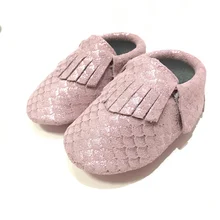 High Quality Baby Moccasins Soft Moccs Metallic pink Mermaid Scales Genuine Leather First Walkers Toddler Baby shoes for girl