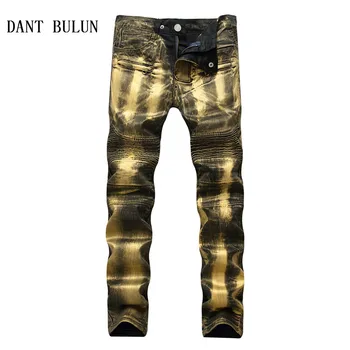 

Men's Biker Jeans Pants Print Gold Silver Coated Slim Skinny Denim Trousers For Male Pleated Trousers Plus Size 40