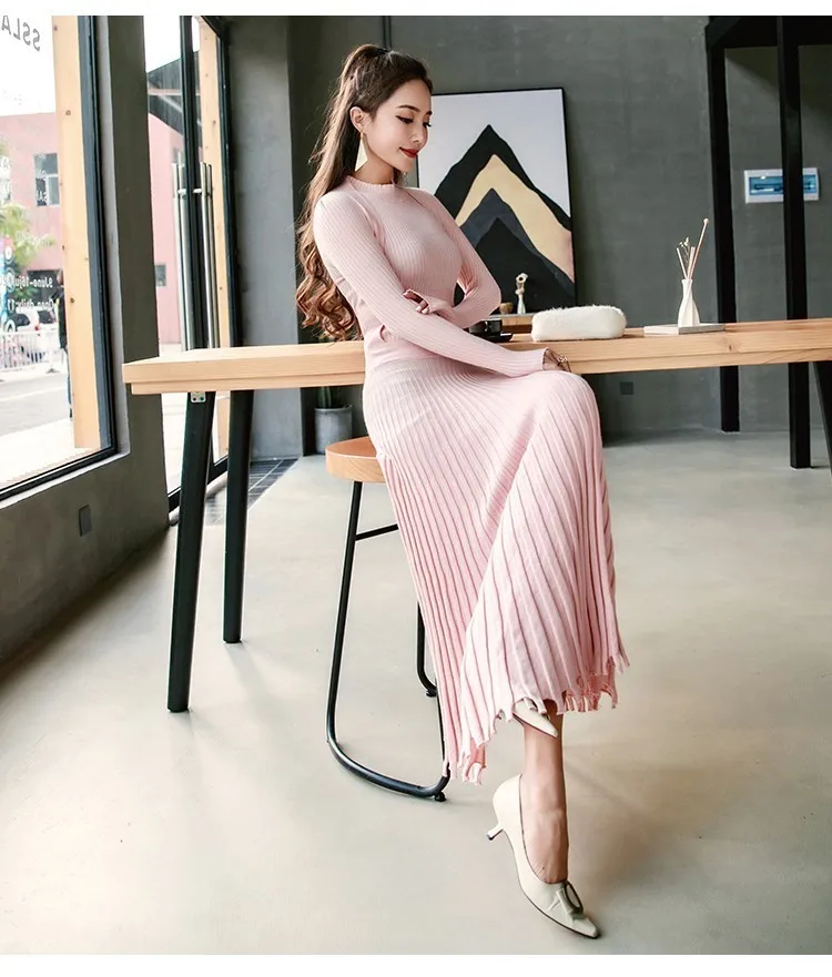 Winter autumn high quality Women Long Knitted Dress Sexy vestidos Back Slim Sweater Dress Fit And Flare Thicken Warm Dress