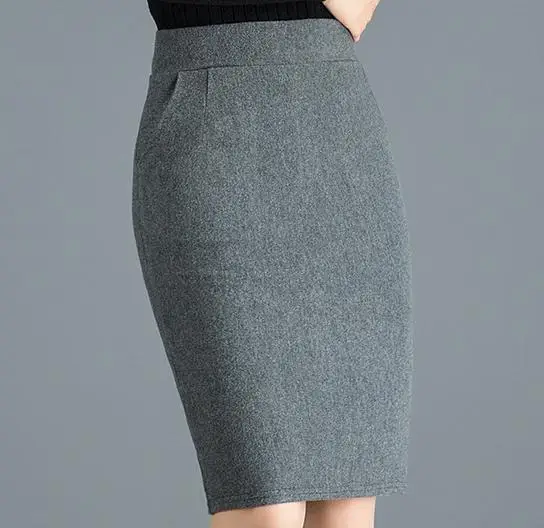 Осень-зима, Офисная Женская юбка с высокой талией, серая, черная шерстяная юбка, осенняя Женская тонкая эластичная юбка 3xl, шерстяные юбки - Цвет: grey
