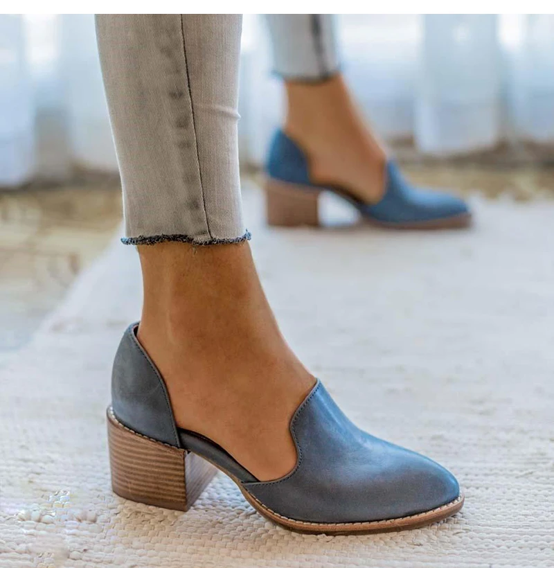 Женские кожаные туфли-лодочки с острым носком; повседневная обувь на среднем массивном квадратном каблуке; женская обувь без шнуровки; женская обувь размера плюс