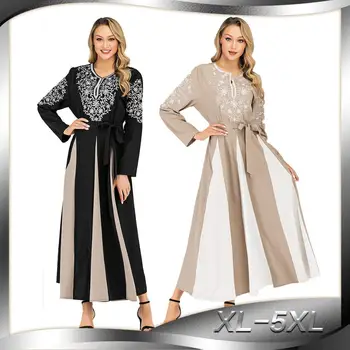 

Fashion Embroidery Flower Women Muslim Abaya Dress O Neck Long Sleeve A-Line Plus Size 5XL Dubai Hijab Dress tesettur elbise