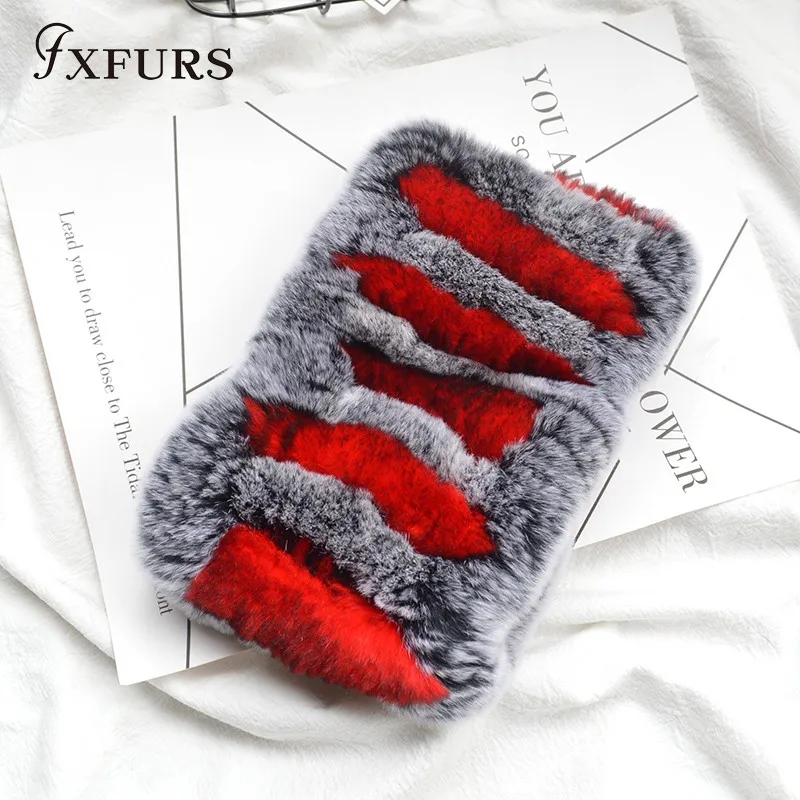FXFURS меховой шарф пуловер женский осенний и зимний теплый шарф из меха кролика рекс зимняя теплая Меховая повязка на голову - Цвет: red grey