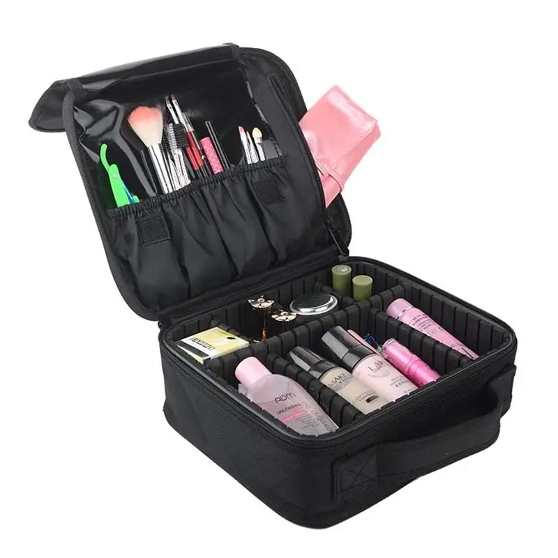 

Waterproof Makeup Tools Storage Bag Carrying Handles Train Case Portable Travel Cosmetic Bag With Adjustable Dividers - Black
