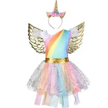 

Halloween Girls Unicorn Costume Rainbow Pony Birthday Tutu Outfits Sparkle Tulle Fancy Dress Up Party Dress With Headband Wings