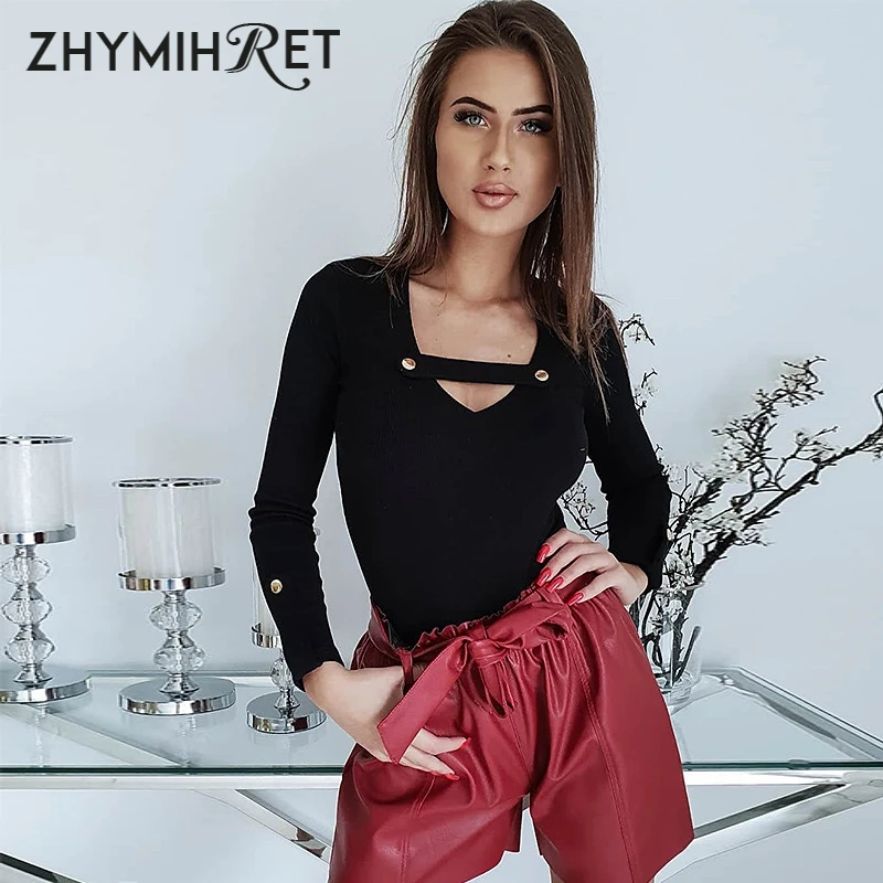 ZHYMIHRET сексуальный v образный вырез в рубчик футболка Осенне зимняя Дамская обувь