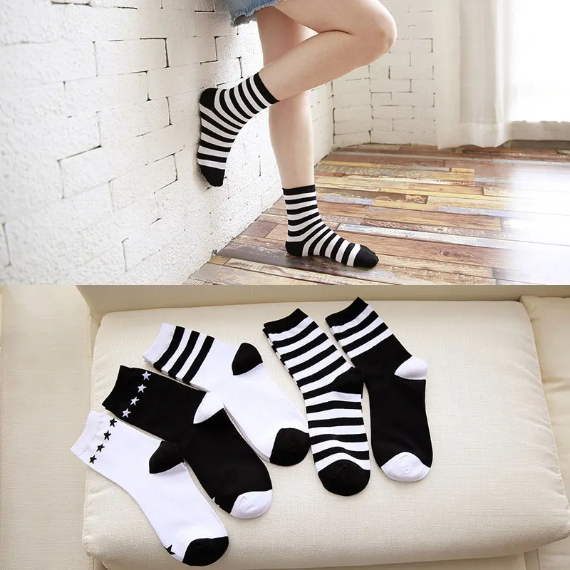 

New Ladies In The Tube Cotton Socks Black White Stripes Simple Autumn Winter Wild Women Socks 5 Styles