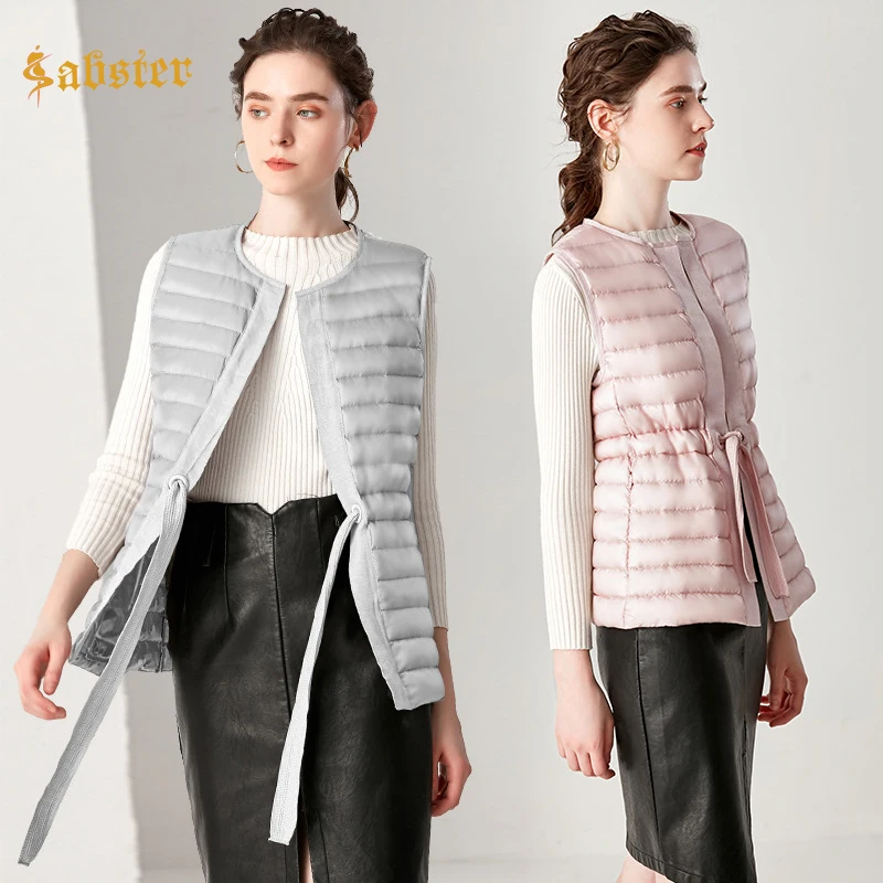 

2018 Fashion Winter Ultra Light Duck Down Coat O-neck Jacket Sleeveless Women Long Warm Parka Vest With Belt kz436