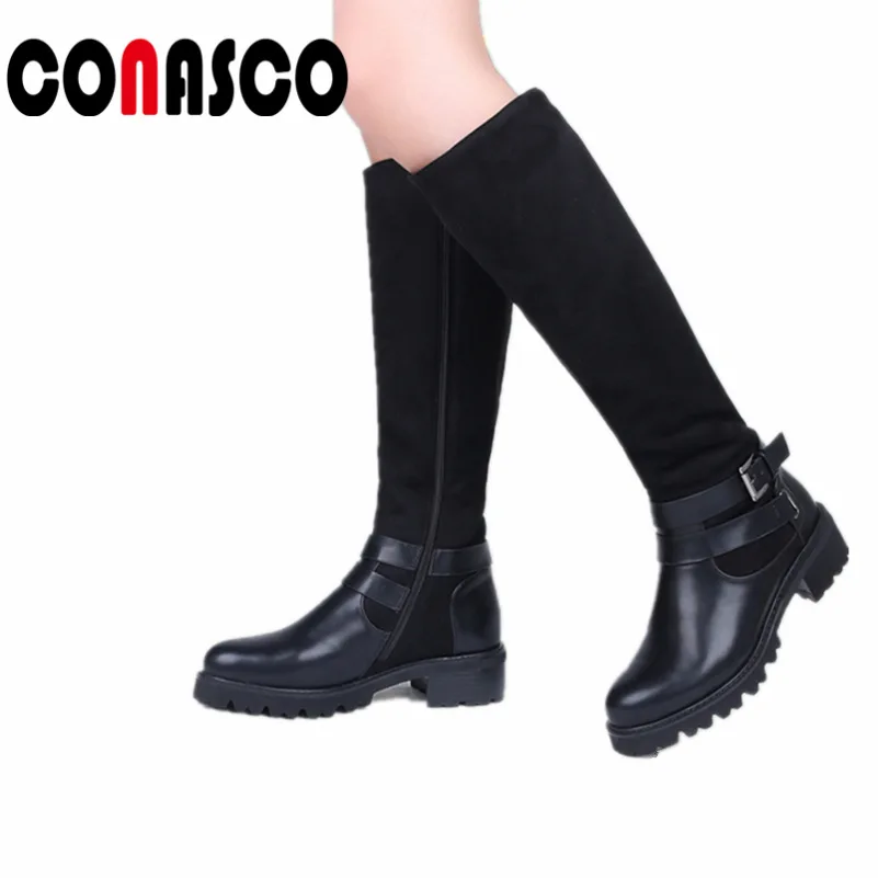 

CONASCO Women Winter Knee High Motorcycle Boots Big Size High Quality Leather Brand Women Shoes Warm Women Winter Snow Boots