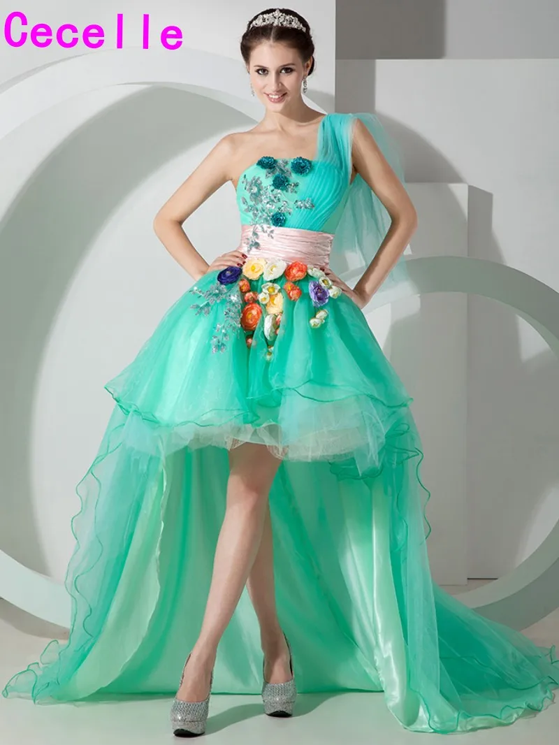 2019 Juniors Short High Low Mint Prom Dresses One Shoulder Flowers Pleats Organza Short Front