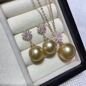 

free shipping gorgeous set 11-12mm south sea round gold pearl necklace 14k