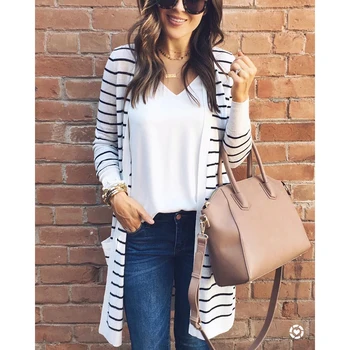 

Fashion Women Long Stripe Knitted Sweater Cardigan Outwear