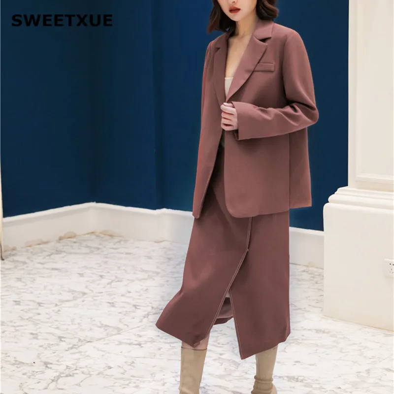

SWEETXUE Fashion Autumn Women Skirt Suits One Button Solid Color Blazer Jackets Slim Split Midi Skirt Two Pieces OL Sets Female
