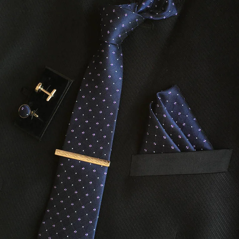 Высокое качество Мужские шелковые галстуки 8 см галстук и запонки и зажим для галстука+ носовые платки с 4 комплектами gravatas жаккард полосатый Свадебный Лот - Цвет: 3