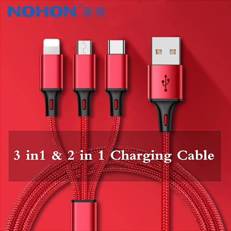 

NOHON 3 in 1 Nylon USB Charging Cable Lighting For iPhone 7 8 Plus X XS MAX XR Android For Xiaomi LG Huawei Samsung Charger Cord