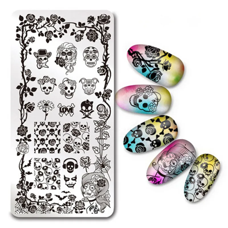 

1Pc Rectangle Stamping Plate SKull Rose Pattern Nail Art Image Plate L035