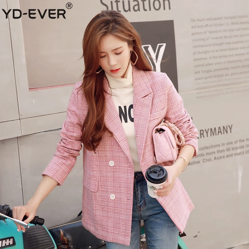 YD EVER Women Autumn Blazer Pink Plaid Long Sleeve Double