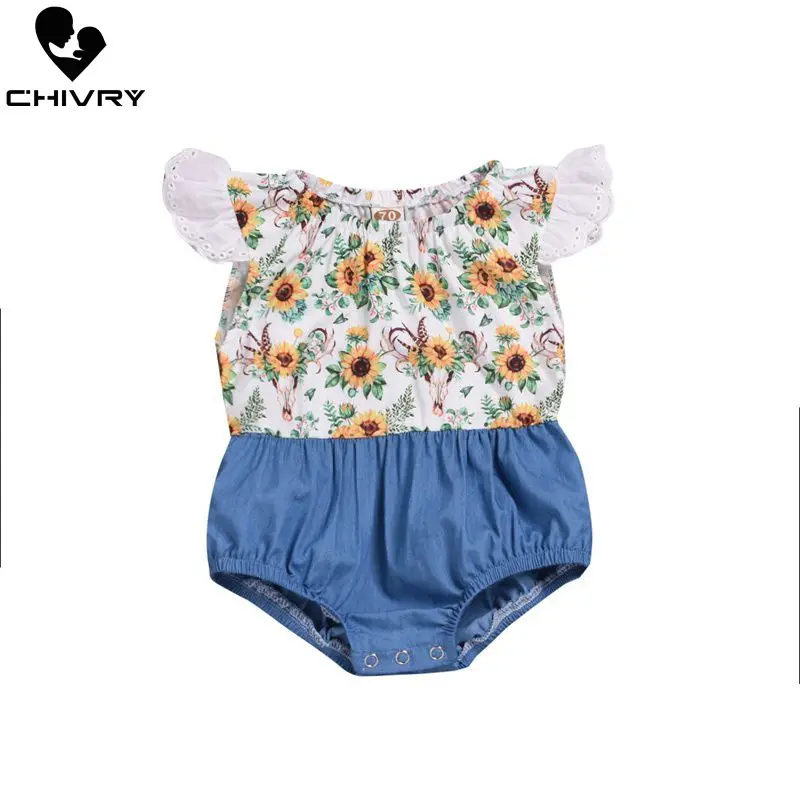 

Chivry 2019 Summer Toddler Baby Girls Sunflower Print Denim Patchwork Bodysuits Fashion Ruffles Sleeve Jumpsuits Playsuits