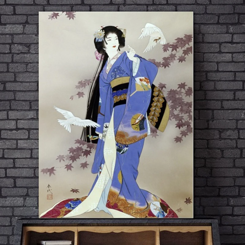Домашний декор скандинавские Винтажные висячие картины японское цветное кимоно девушка портретный плакат стены спальни холст модульная Художественная печать живопись