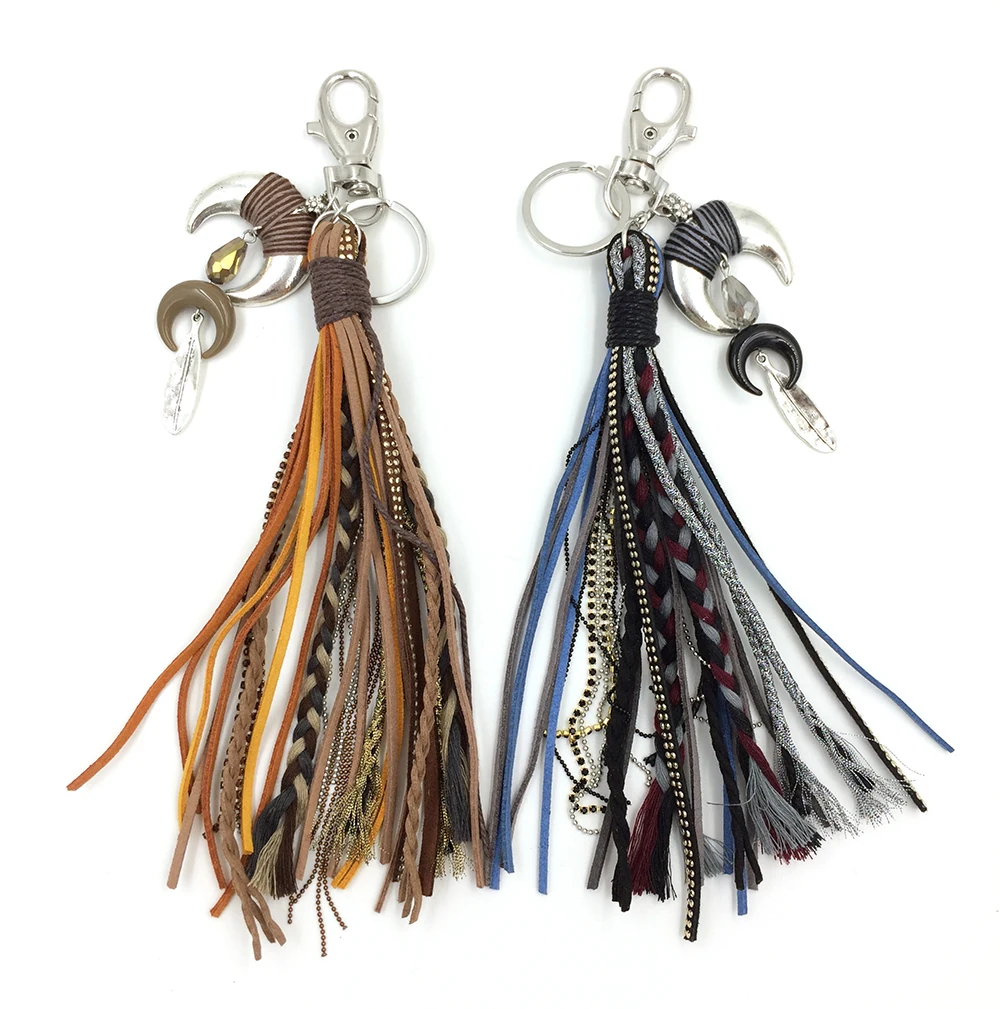 2017 new fashion car key chains lanyards Keys ring key finders feather keychains Leather tassel pendant bag rings bag chain